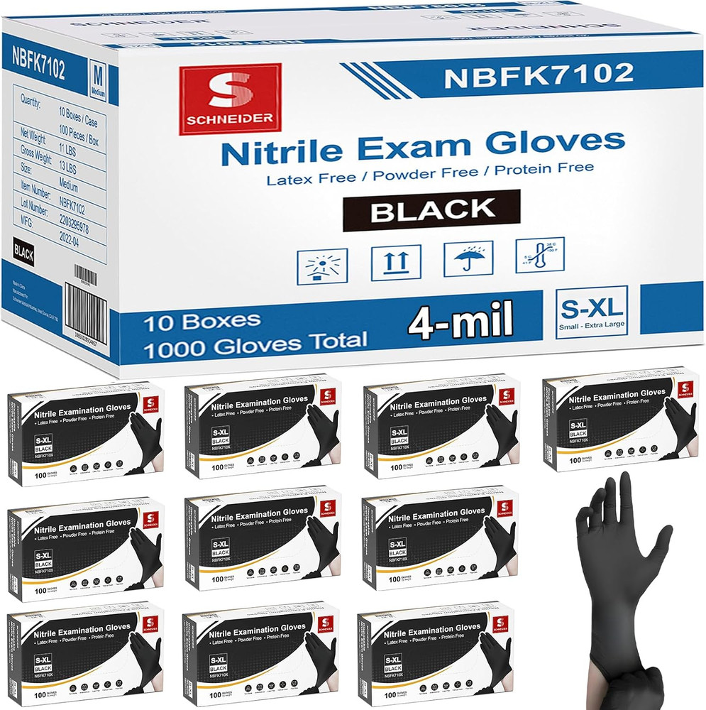 Schneider Medical Nitrile Exam Gloves, 4 Mil Black Gloves Disposable Latex Free