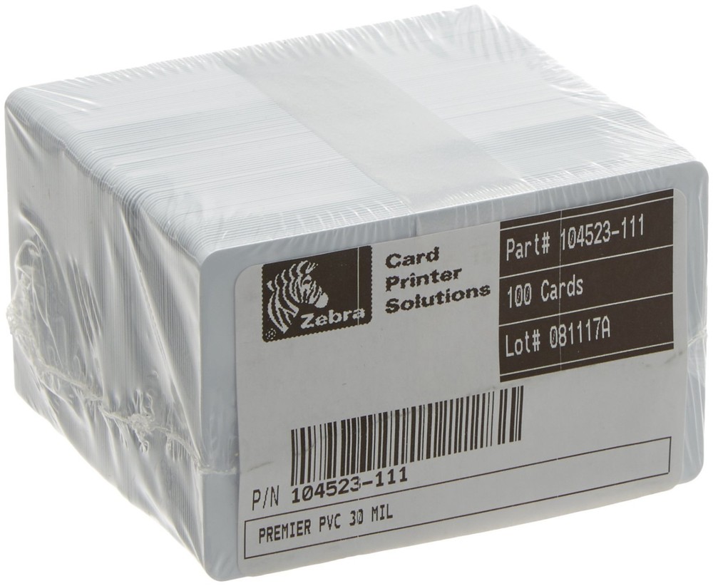 Zebra 104523-111 Premier PVC Blank ID Card Standard White CR80, Pack of 100