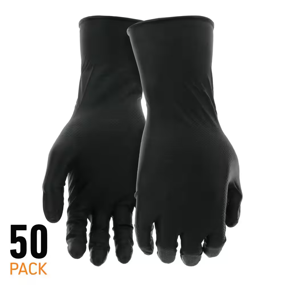 X-Large Black 8-Mil Thick 100% Nitrile Disposable Work Gloves with Textured Grip