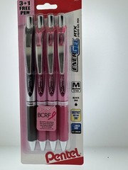 4 Pentel EnerGel RTX Gel Pens MEDIUM 0.7mm BLACK Ink LIQUID BCRF PEN CANCER PINK