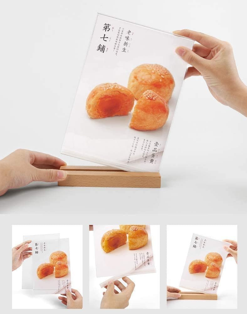 Acrylic Sign Holder A4/A5/A6 Menu Displays T/L Shape, Wood Base Table Top Sig…