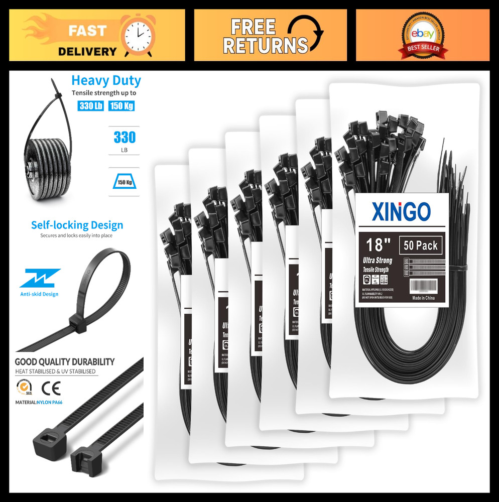 Heavy Duty 18″ Black Zip Ties 300 Pack – 330 LBS Strong Plastic Cable Ties for I