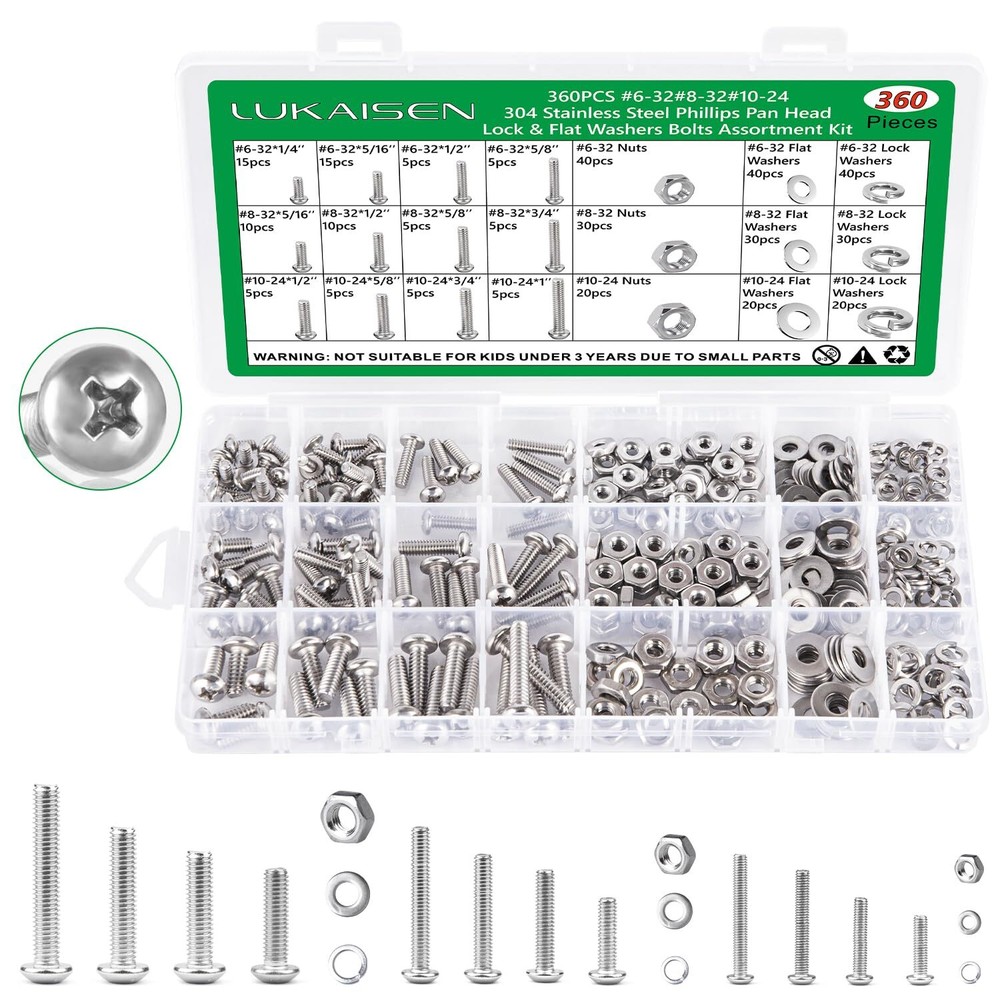 Machine Screws, 360PCS Nuts and Bolts Assortment Kit, #6-32#8-32#10-24 Phillips