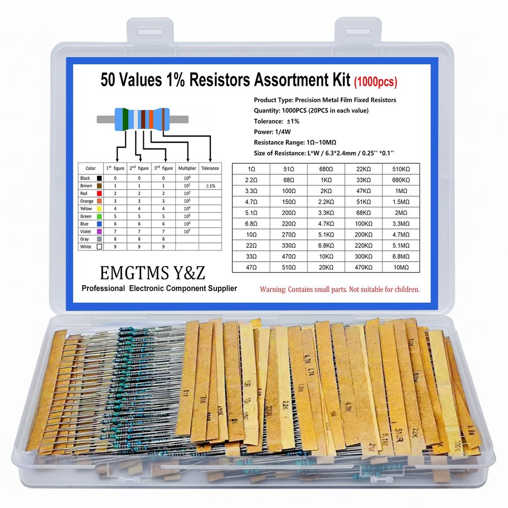 1000 Pcs 50 Values 1/4W Metal Film Resistor Assortment Kit, 0.25W 1% Tolerance (