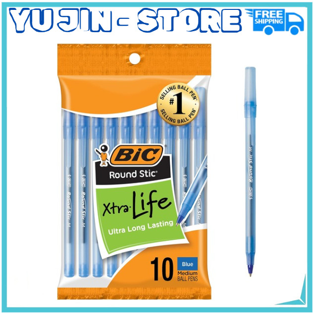 10-Count Pack BIC Round Stic Xtra Life Blue Ballpoint Pens, Medium Point (1.0mm)