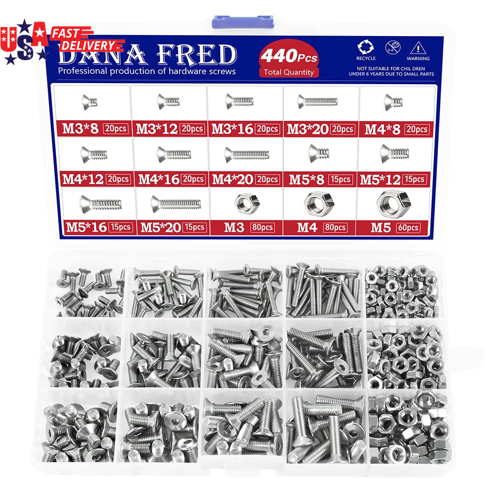 440 Pieces Flat Hex Socket Head Cap Screws Kit 304 Stainless Steel M3 M4 M5 Metr