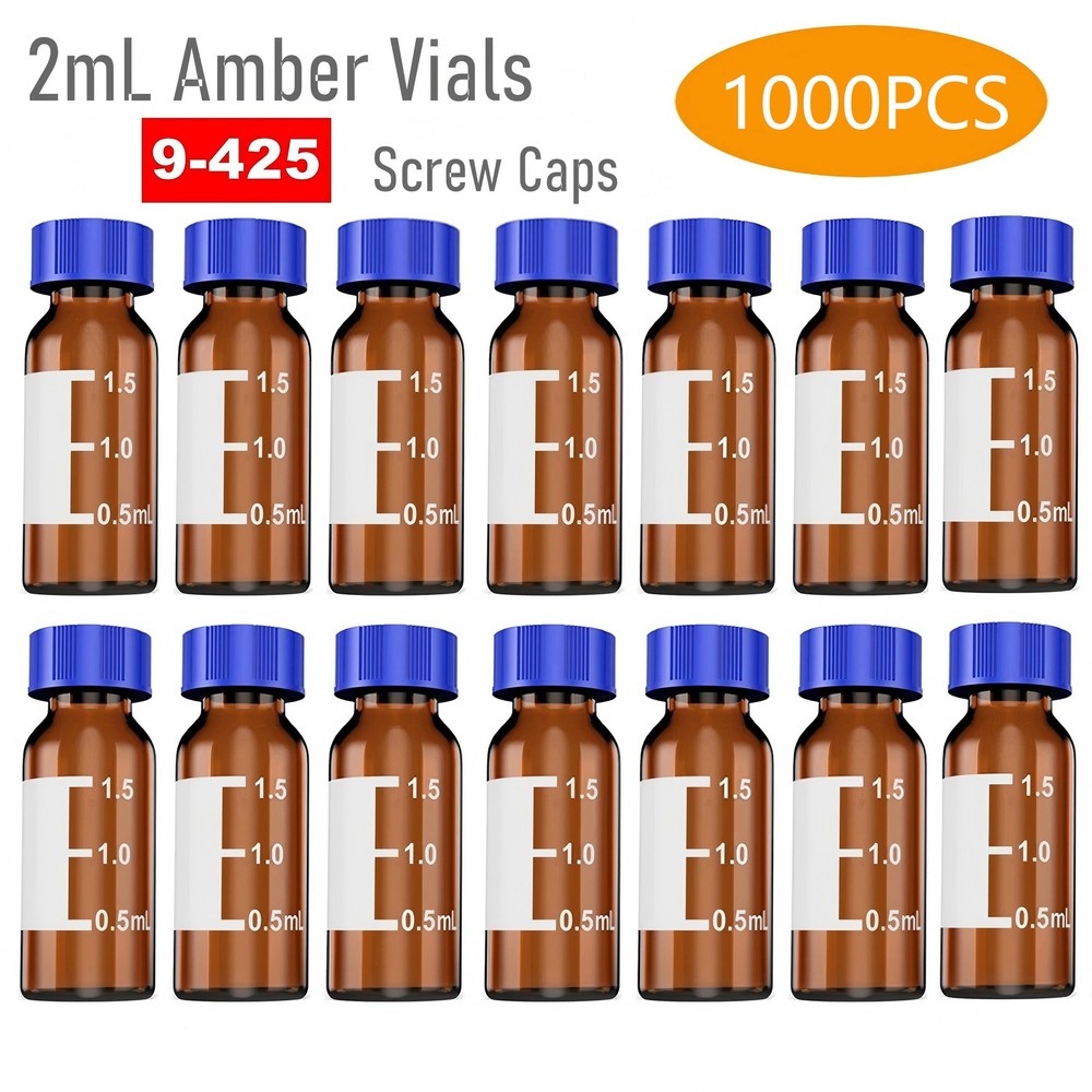 1000 Packs 2ml Autosampler Vials HPLC Vial 9-425 Amber Vial with Blue Screw Caps