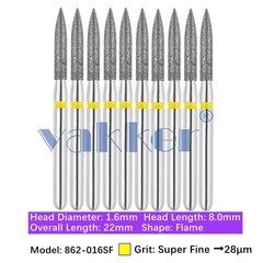 Vakker 10pc Dental 862-016SF Super Fine Diamond Burs Friction Grip Flame Bur