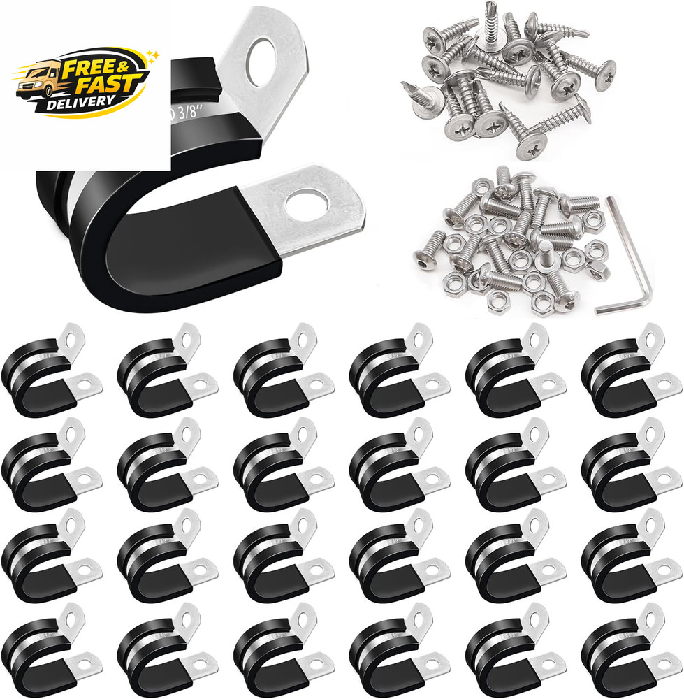 50PCS 3/8 Inch Cable Clamps 304 Stainless Steel Rubber Cushion Insulated Wire Cl