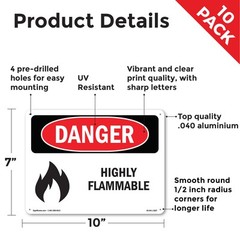 Highly Flammable OSHA Danger Sign Metal, Plastic, Or Decal – 5 or 10 Pack