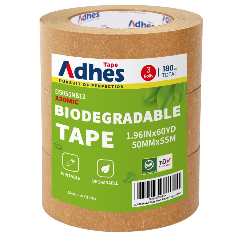 ADHES Kraft Paper Tape, 2 Inch x 60 Yards x 3 Rolls, Biodegradable Paper Pack…