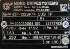 NEW NORD SK42F-132SP/4 CUS TF GEARMOTOR 17.92:1 265/460V 7.5HP
