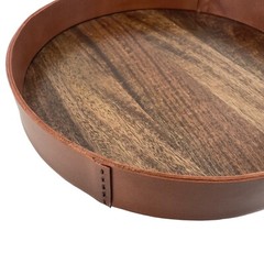 Vintage Wood and Leather 14″ Round Tray Handmade MCM Mid Century 4 lbs Any Room