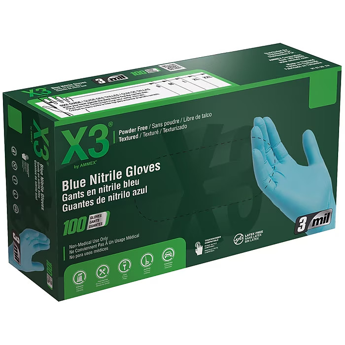 BLUE NITRILE X3 GLOVES POWDER FREE LARGE SIZE 100/BX 3 MIL GLOVE
