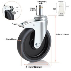 5 Inch Swivel Stem Caster W/ Brake 7/16″ Heavy Duty Rubber Wheels Set of 4