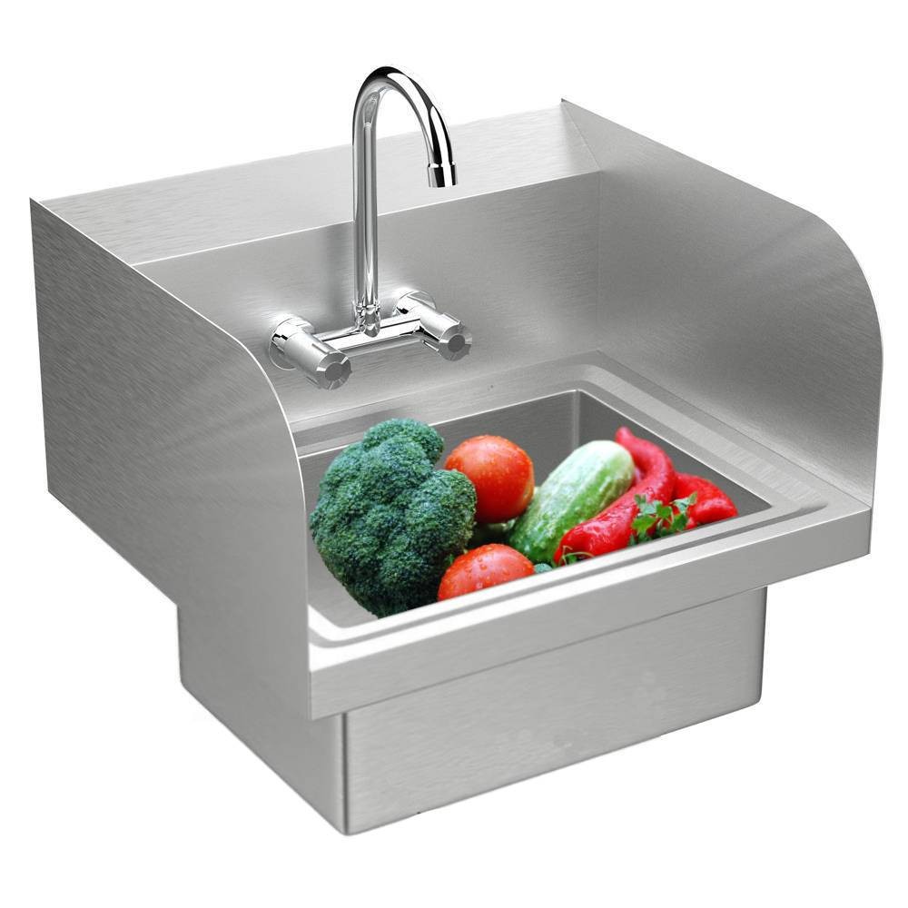 Wall Mount Hand Wash Sink – Commercial Kitchen Stainless Steel w Side Splashes