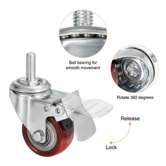 4pcs 2″ Swivel Threaded Stem Casters 3/8″-16UNC PU with Brake 110lbs Load Red