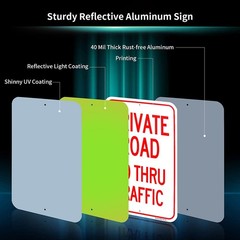 Large Private Road No Thru Traffic Sign, 18″x 12″ .040 Aluminum Reflective Si…