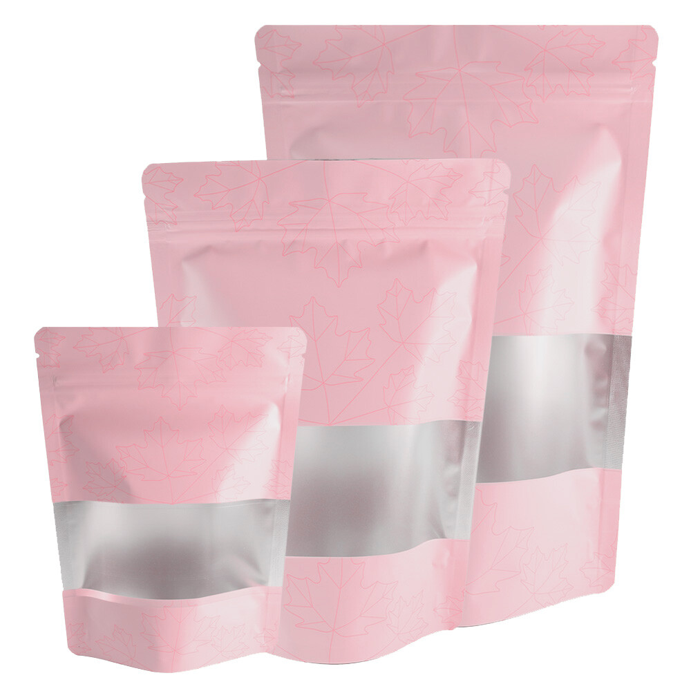Pink/Silver Leaf Bottom Gusset Aluminum QuickQlick™ Pouch for Bath Salt Products