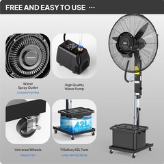 26” Industrial Misting Cooling Fan w/60° Oscillation, 3 Speeds 11Gal Water Tank