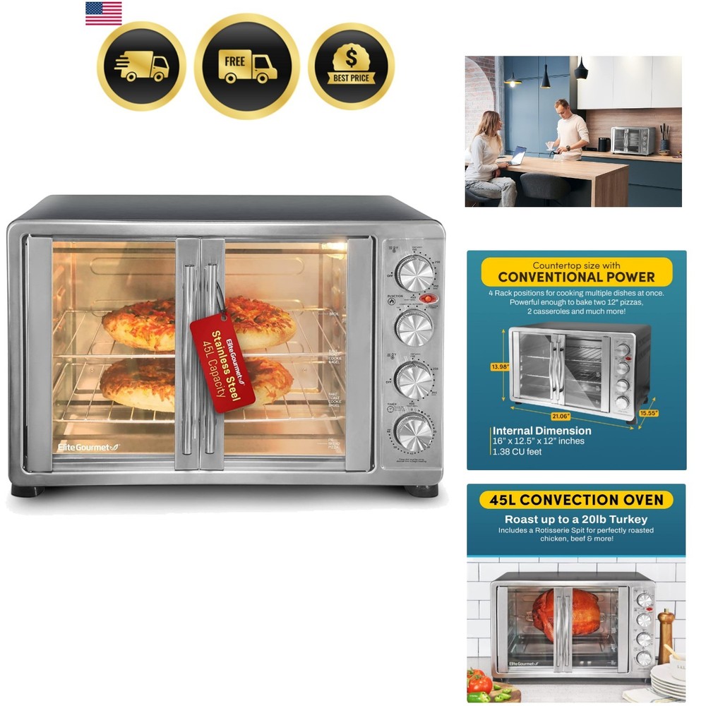 Convection Oven French Door Toaster Oven 18 Slice Rotisserie 45L Stainless Steel