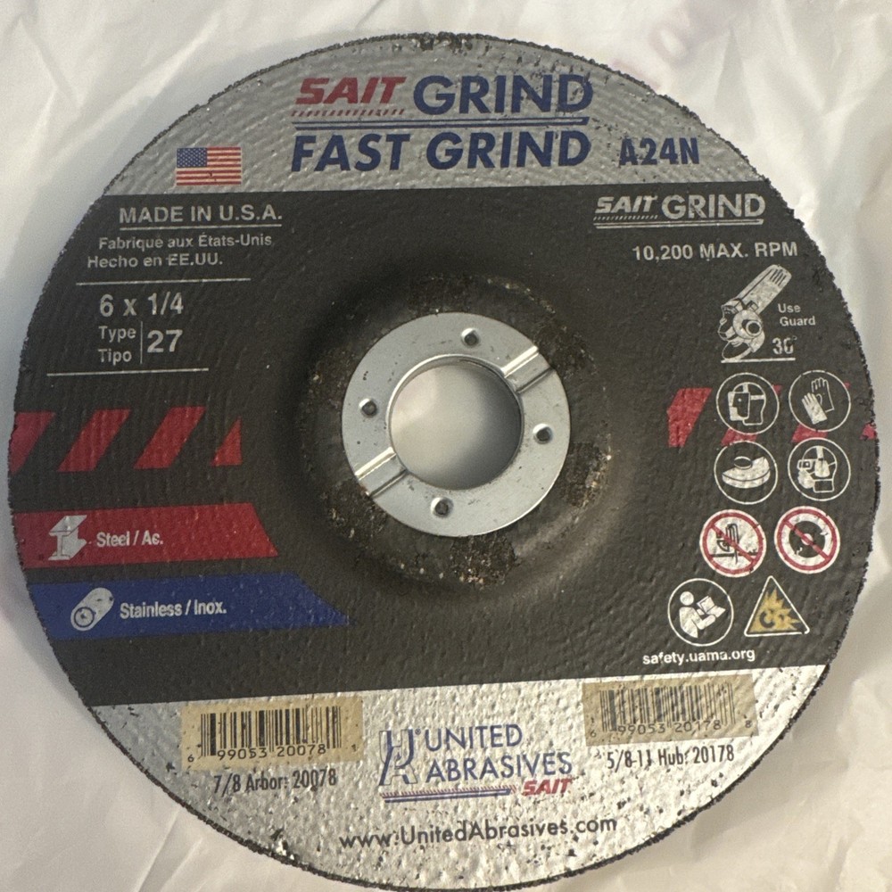 United Abrasives-SAIT 20076 A24R Fast Grinding Wheel 6″ x 1/4″ x 7/8″ Lot Of 5