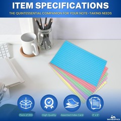 3×5 Lined Index Cards, Assorted Pastel Shades, 300 Pack