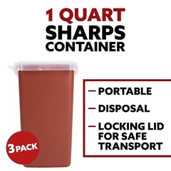 Sharps Container, 1 Quart, Biohazard Needle and Syringe Disposal, 3 Pack
