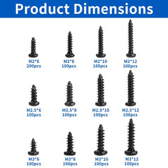 1300 Pcs Wood Screws Assortment Kit, M2 M2.5 M3 Small Phillips Pan Head Self Tap