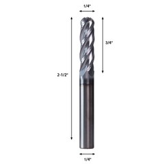 1/4″ 4 Flute 2-1/2″ Overall Length Ball Nose Solid Carbide End Mill AlTiN Coated