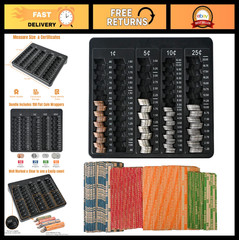 Black Coin Counter Tray with 150 Coin Wrappers – 5 Compartment Sorting Organizer