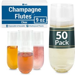 Champagne Flutes Plastic (50 Pack, 9oz) Clear, Stemless | Disposable Mimosa