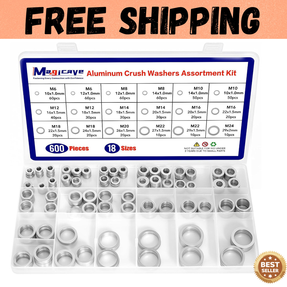 600 Pcs Aluminum Crush Washer Assortment Kit – 18 Sizes