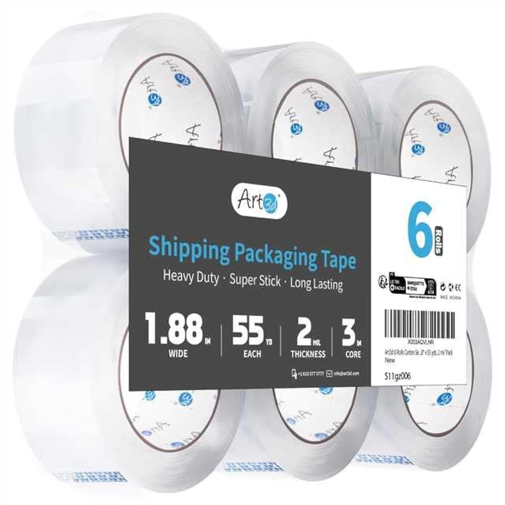 “6 Rolls Heavy Duty Carton Sealing Tape, Clear Packing Tape, 1.88” x 55 Yds, 2 M