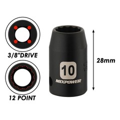 MIXPOWER 6PCS 3/8″Drive 10mm Deep&Shallow Socket, 6 Point & 12 Point, 10MM