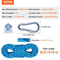 VEVOR 10.5 mm Static Climbing Rope 9.7M(32ft) Outdoor Rock Climbing Rope Blue