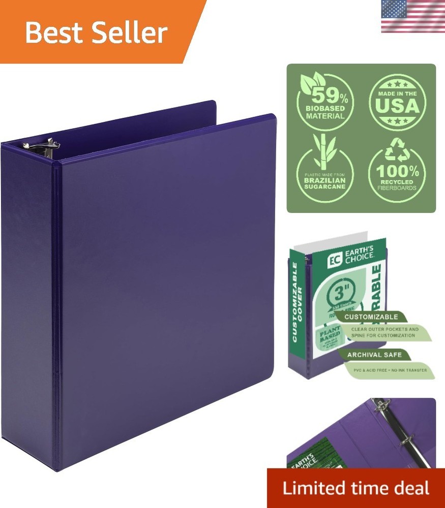 Eco-Friendly 3-Inch Plant-Based Round Ring Binder in Durable Purple—Customizable