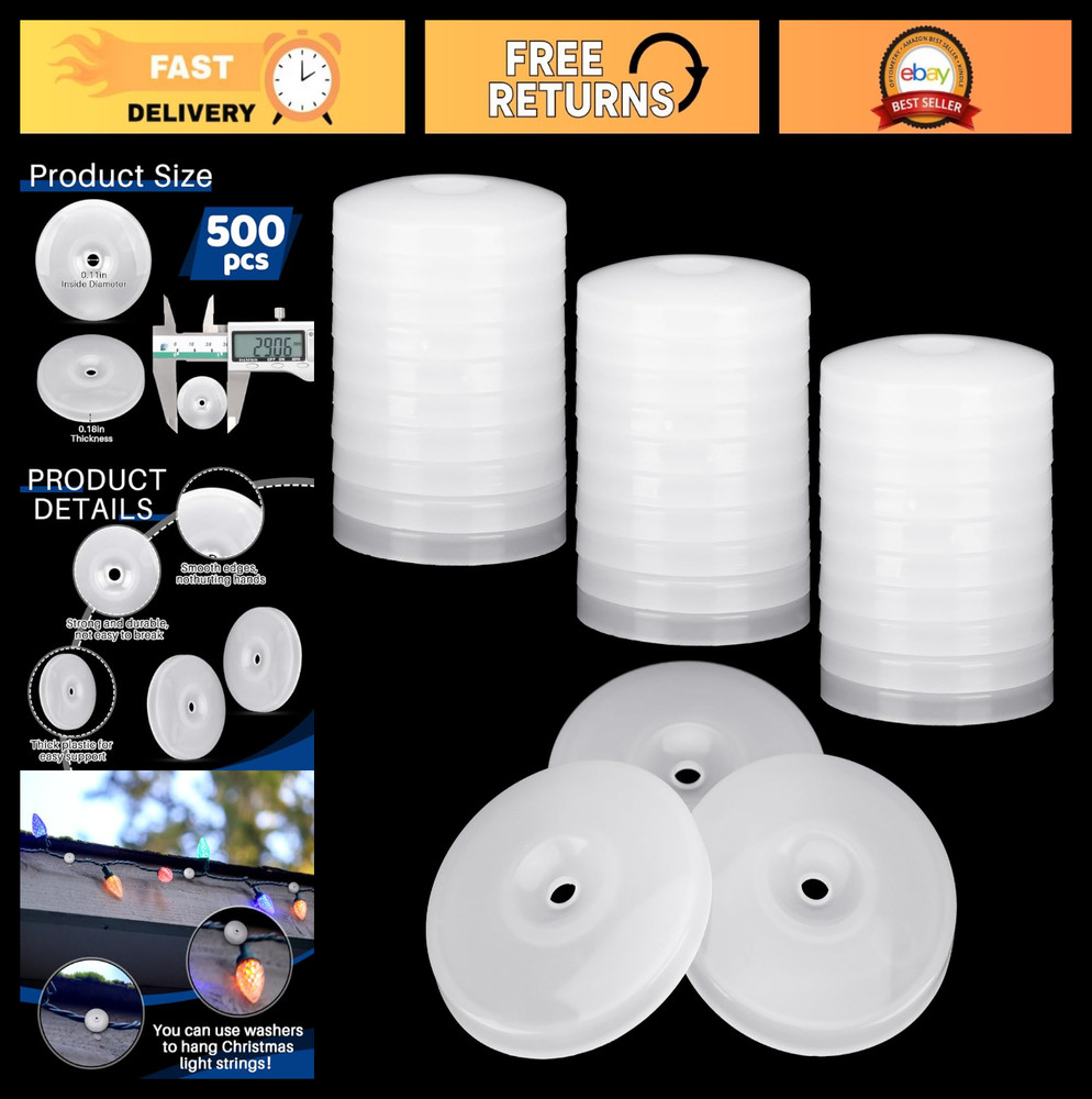 500pcs Plastic Cap Washers for Nails/Screws – 1-1/8” Flat, Holiday Light Decor,