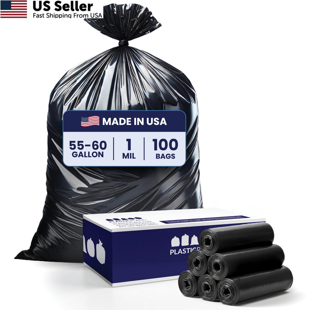 Plasticplace 55-60 Gallon Trash Bags │ 1.0 Mil │ 100 Count (Pack of 1), Black