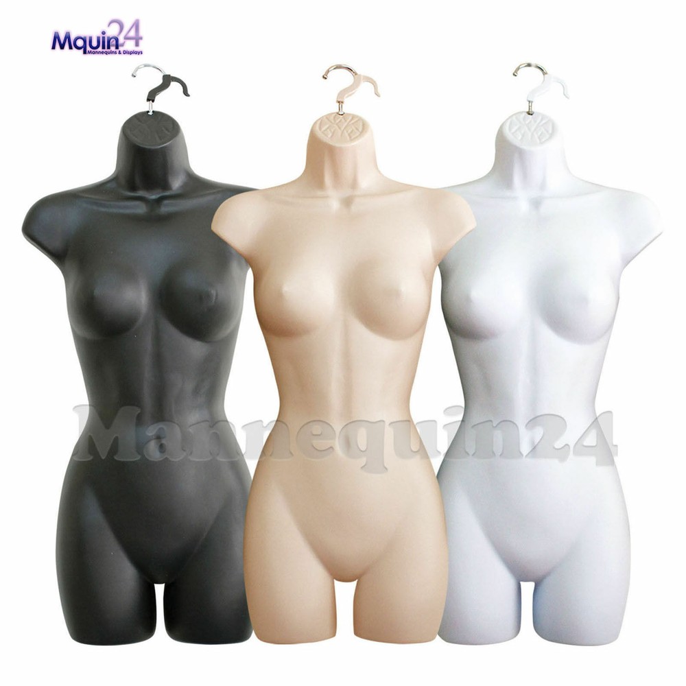 3 Color Combo White Flesh Black Female Torso Body Form Mannequins + 3 HANGERS