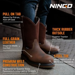 NINGO Men Steel Toe Work Boots Waterproof Cowboy Boots Leather Wellington Boots