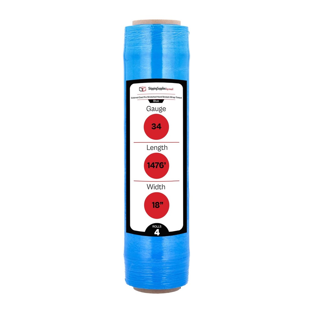 4 Rolls Pre-Stretch Hand Wrap Plastic Shrink Film Blue 17″ x 1476′