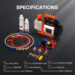3/4 HP 7.2CFM 2 Stage HVAC Vacuum Pump and 4 Way Manifold Gauge Kit with Hoses