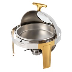 Roll Top Chafing Dish Buffet Set Gold Accent 6.3 Quart Round Stainless Steel