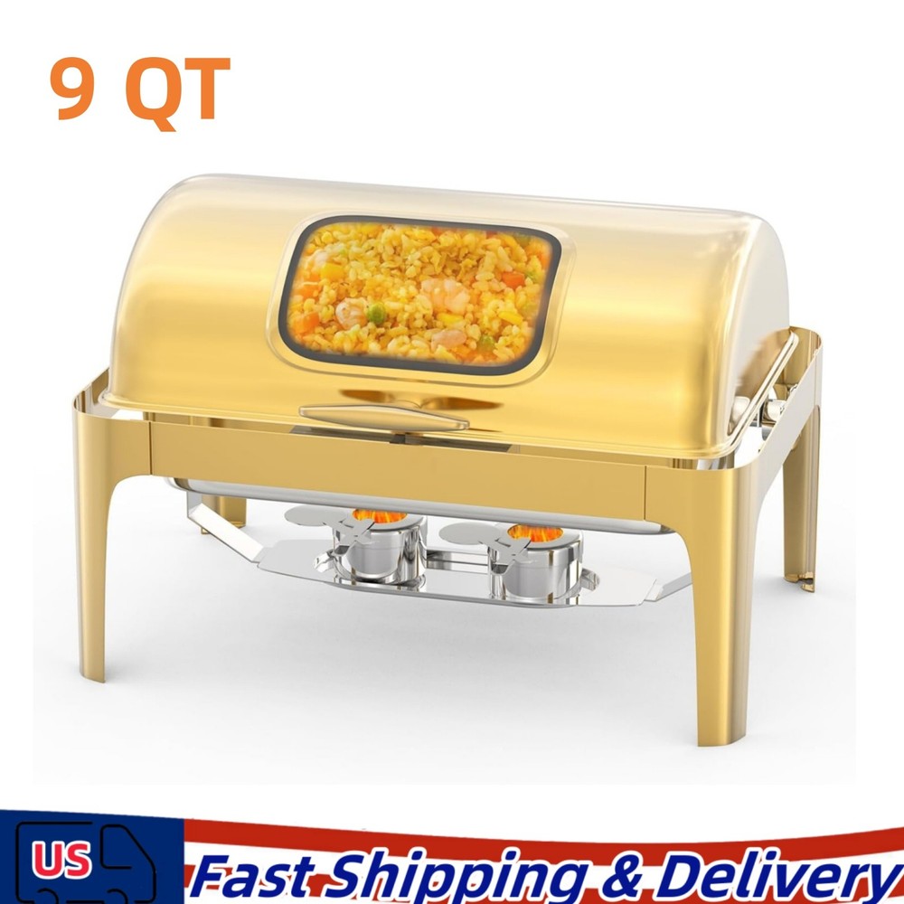 Roll Top Chafing Dish Buffet Gold 9 QT Stainless Steel Chafer for Catering US