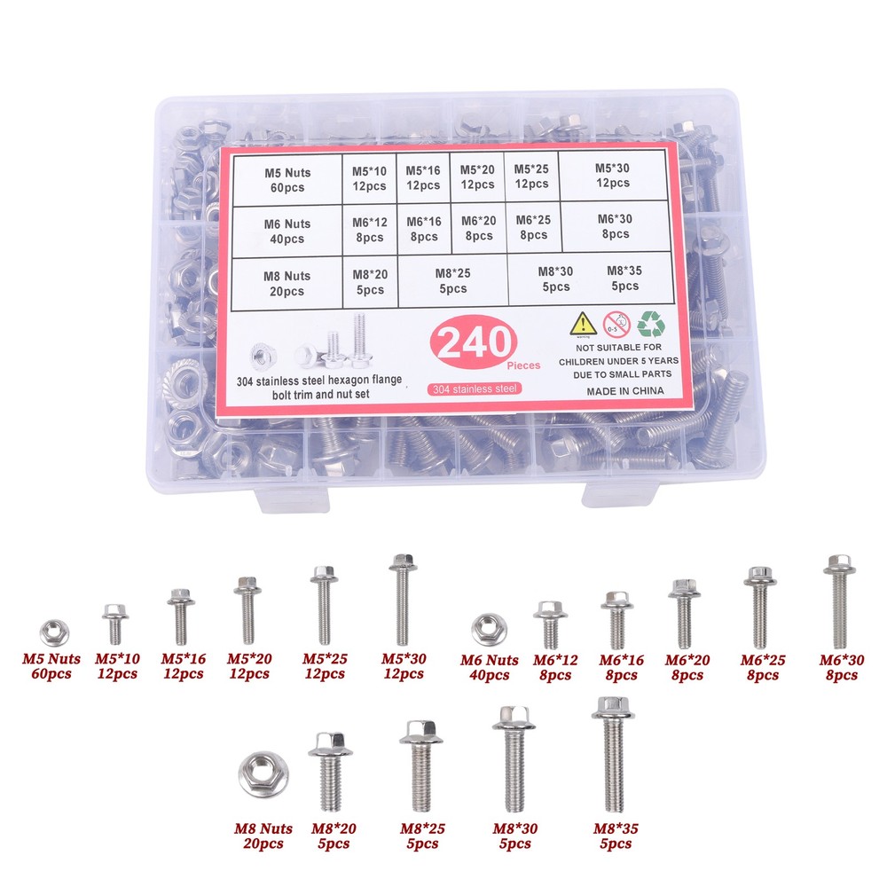 M5 M6 M8 Flanged Bolts and Nuts Kit 240 PCS Stainless Steel Metric Assortment