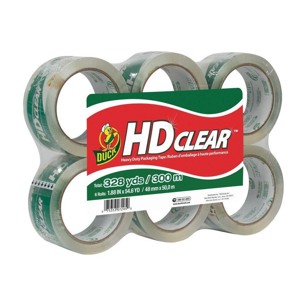 Duck HD Clear Heavy Duty Packing Tape Refill, 6 Rolls, 1.88 Inch x 54.6 Yard,
