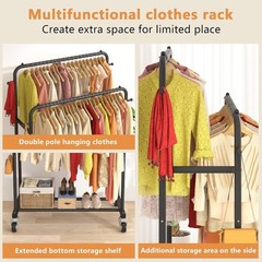 Black Double Rods Garment Rack with Wheels – 150lbs Capacity
