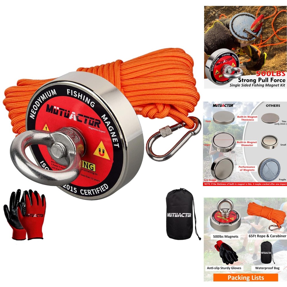 500lb Neodymium Magnet Fishing Kit Heavy Duty N52 Rare Earth Magnet 66ft Rope