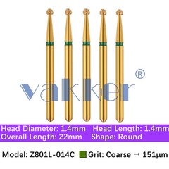 Vakker 5pc Dental Zirconica Diamond Burs w/ Metal Holder Z801 Z801L Round Shape